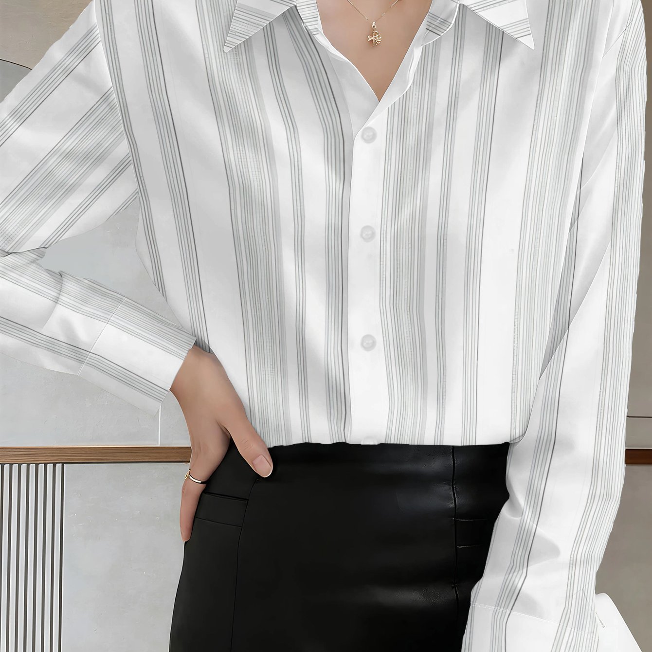 TEMU Women' Base With Grey Stripes Easy Commuter Shirt