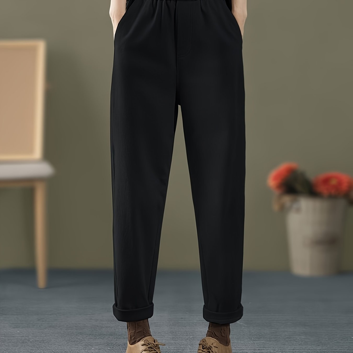 Image of Women's Spring Autumn All-match Elegant Retro Literary Style Long Pants With Elastic Waist Fashion Comfortable Harem Trousers