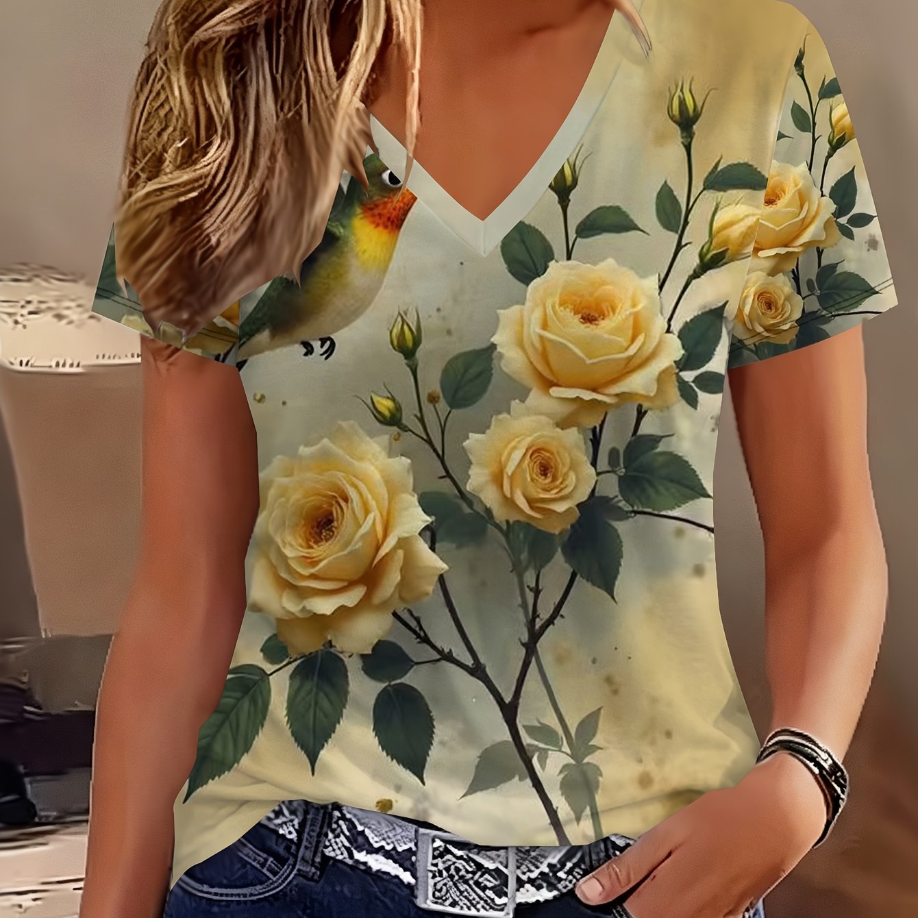 TEMU Women's Elegant V-neck Short-sleeve T-shirt With Vintage Hummingbird And Rose Watercolor Print - Romantic Cream And For Casual Summer Wear