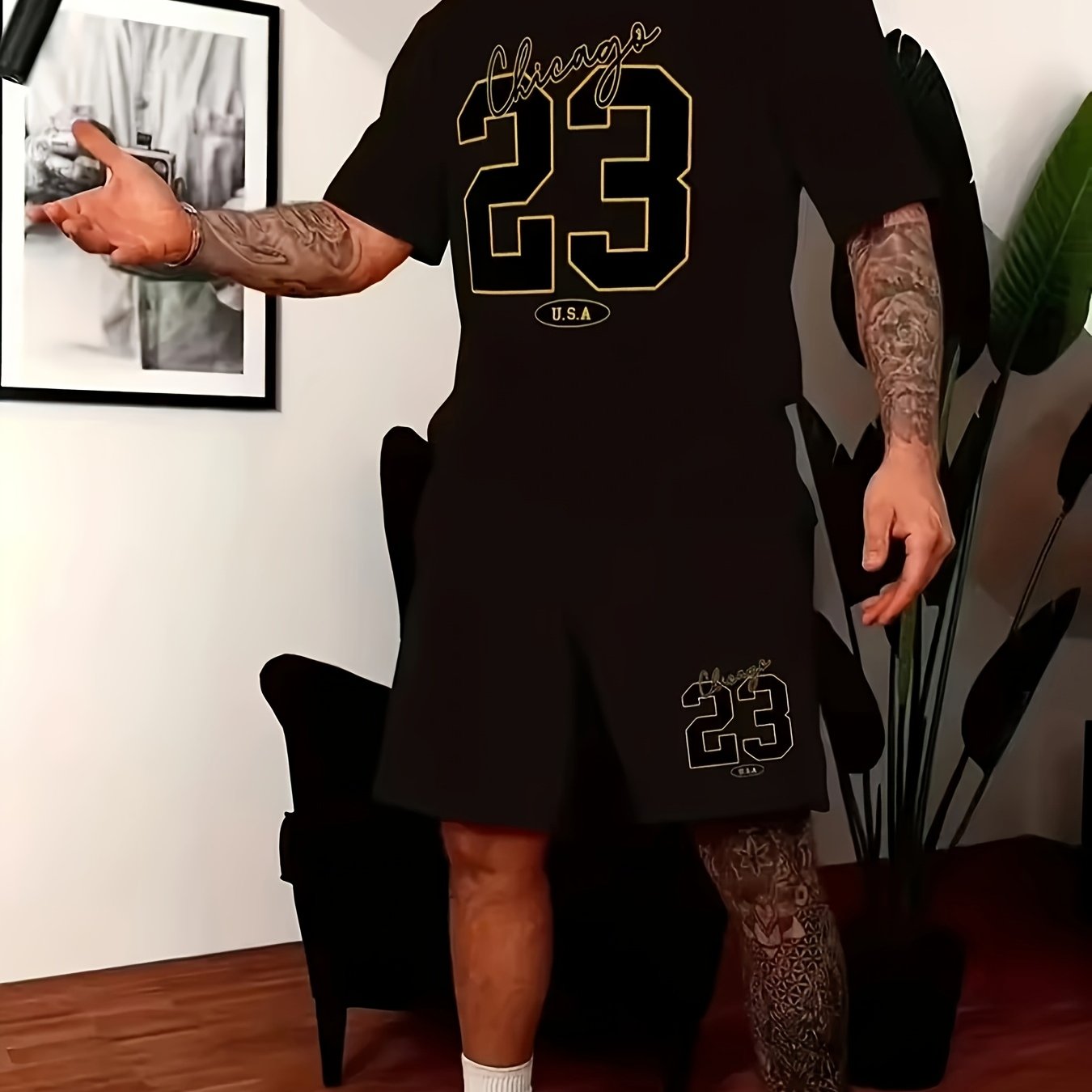 TEMU 2pcs Men's Fashion Set, Summer Casual Round-neck Short-sleeve T-shirt And Drawstring Shorts Outfit, Men's Vacation Fitness Clothing With Printed