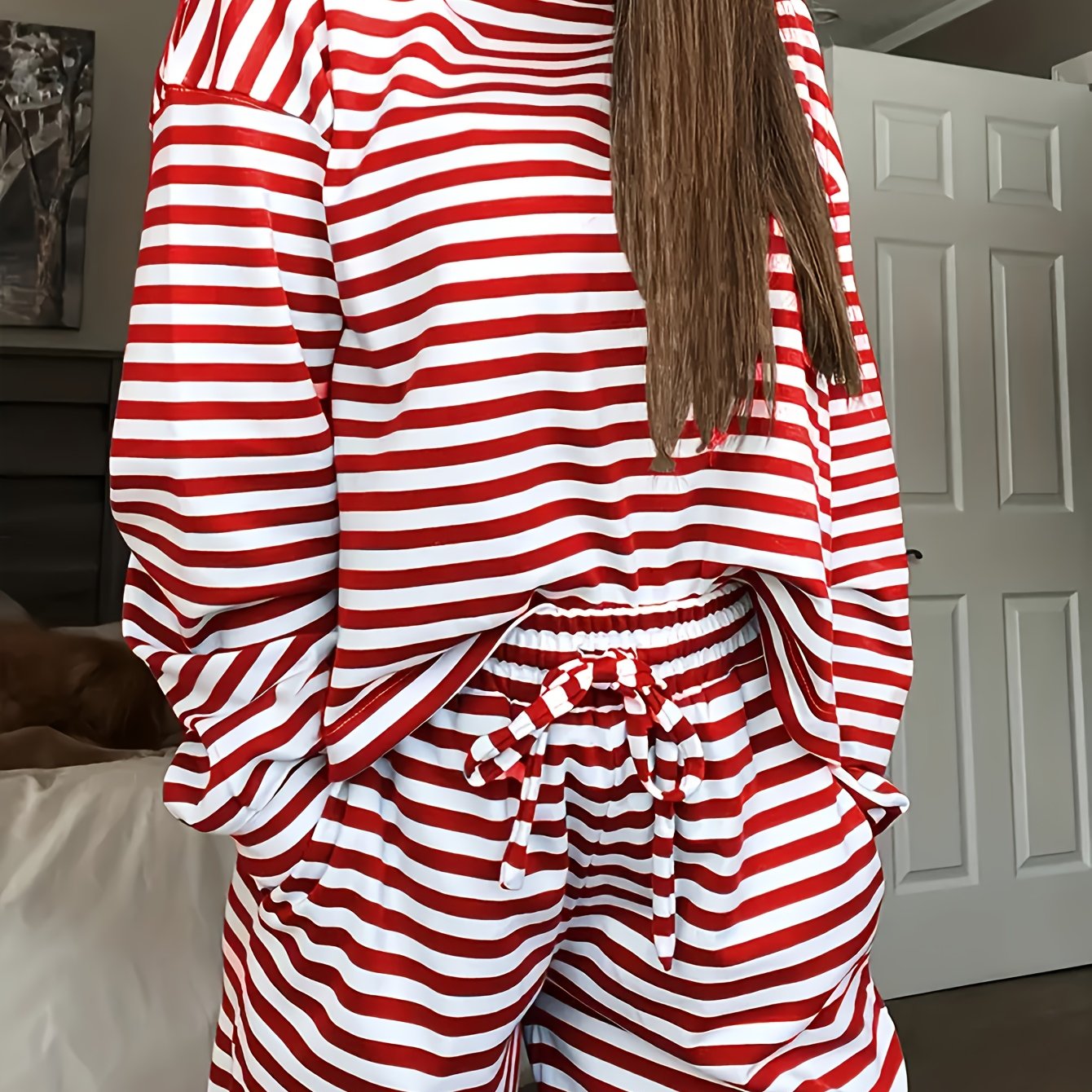 TEMU Women's Spring Autumn Striped Pajama Set, Double-pocket Long Pants, Decorative Drawstring Design, Contrast Round Neck, Soft Comfortable Loose