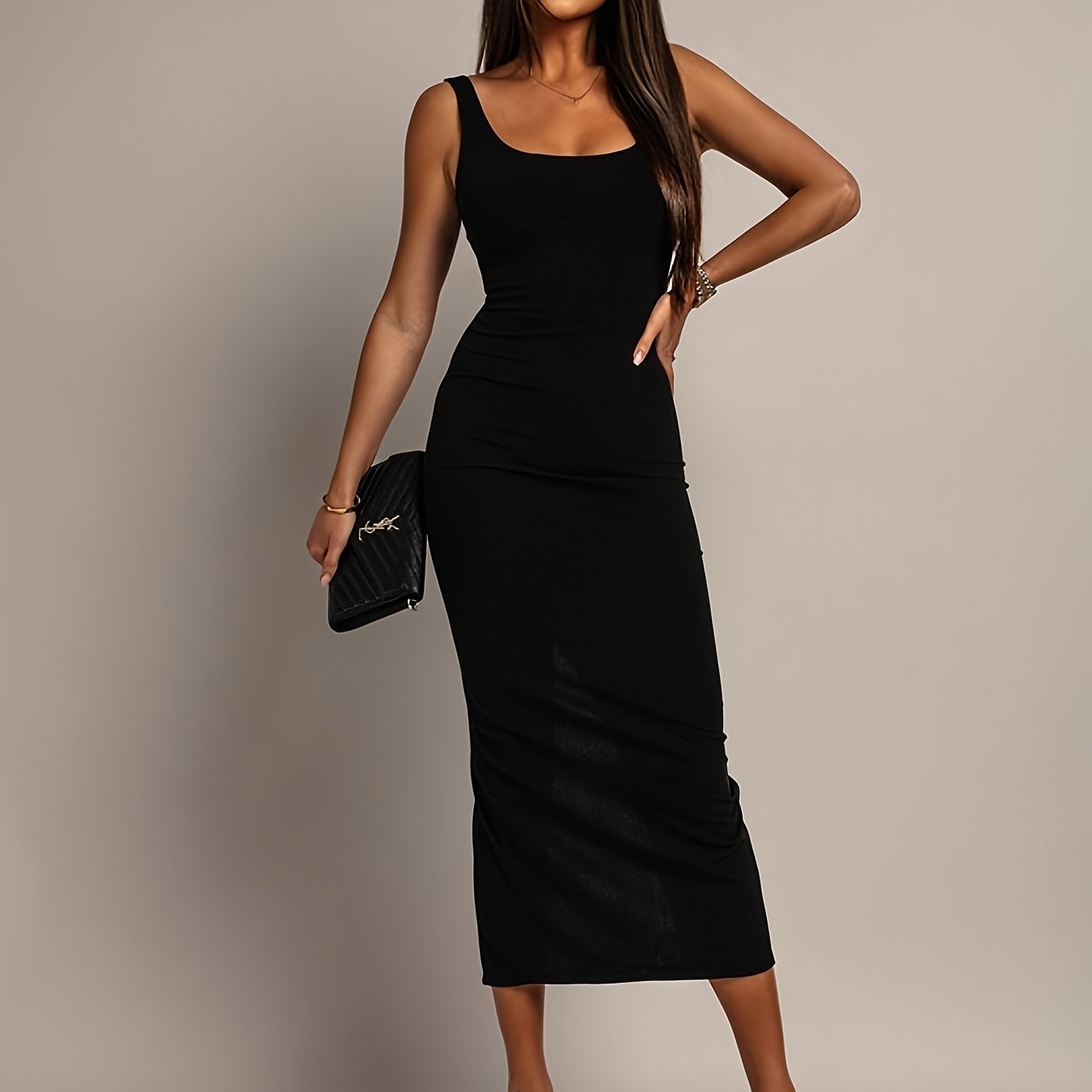 Image of Wilderness-inspired Black Backless Slit Dress, Slim-fitting Hip-hugging Hot Midi Lbd