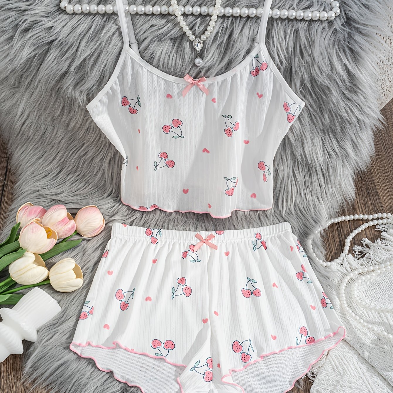 TEMU Cute Cherry Heart Print Neckline Decorated With Bow Comfortable Pajama Set