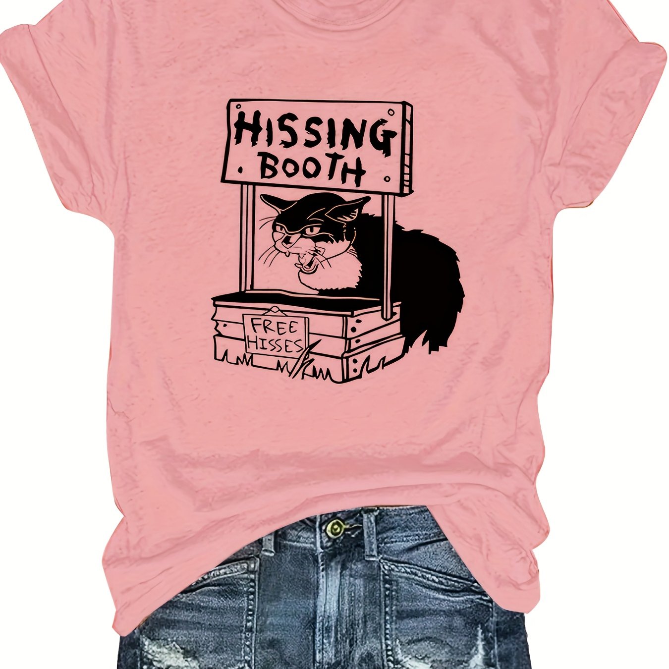 TEMU Plus Size, Women's Casual Fashion Printed T-shirt 0-8xl, Trendy Base Layer For Daily , Unique Cat Pattern Tee With " Room" Humorous Design