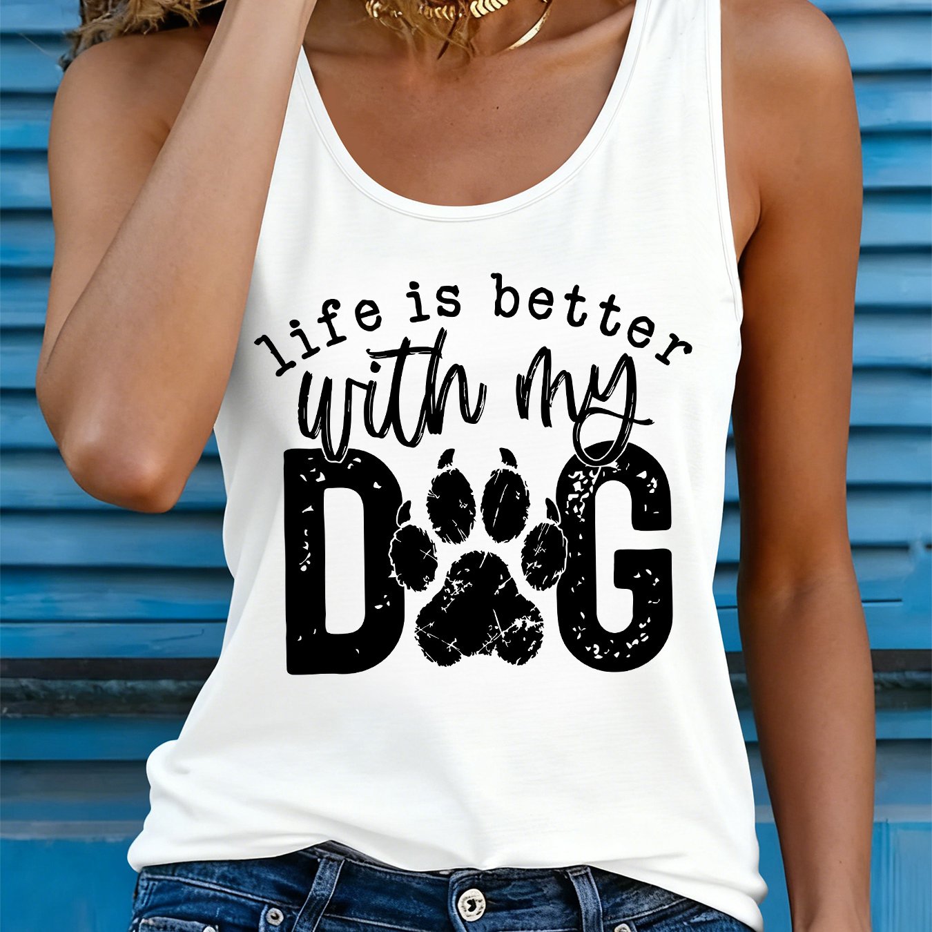 TEMU (064#) Women's /summer Tank Top, Simple Sleeveless Vest With Paw Print And Letter Print, Casual And Versatile