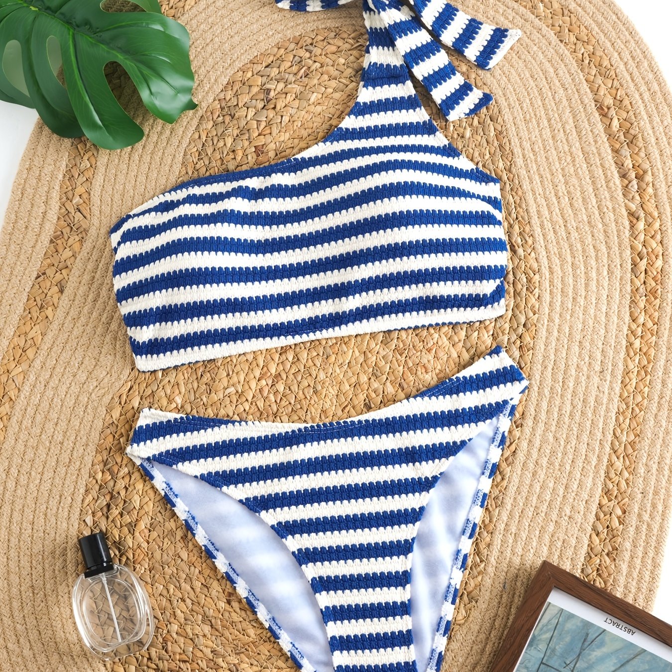 Image of New Women's Fashionable One-shoulder Bandeau Bikini With Blue And White Striped Print, Sexy And Elegant Style, Suitable For Beach, Leisure, And Vacation, Women's Swimwear