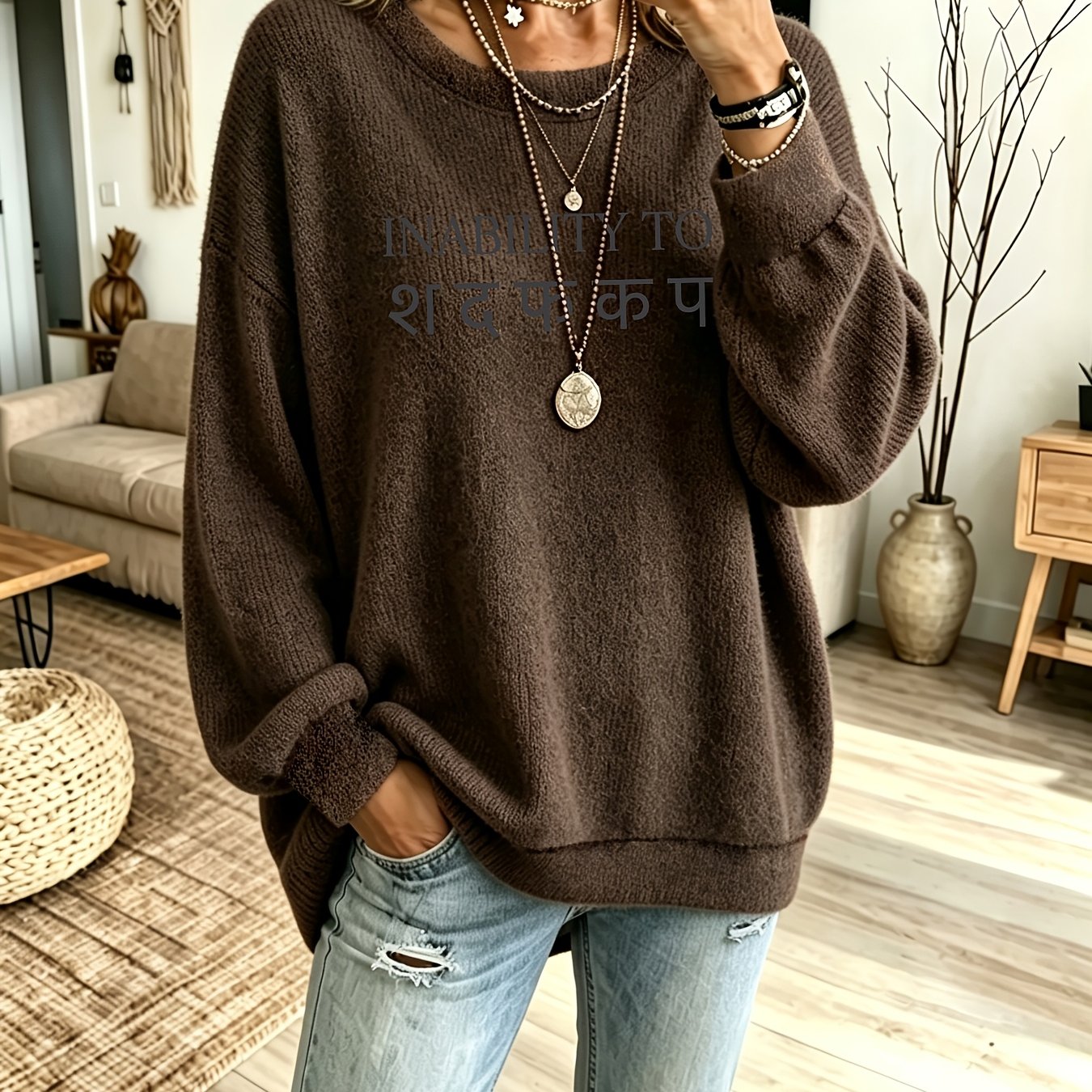 TEMU Pyjama et vêtements d'intérieur pour femmes, pull d'automne/hiver à col rond atmosphérique, haut imprimé décontracté d'automne, chemisier