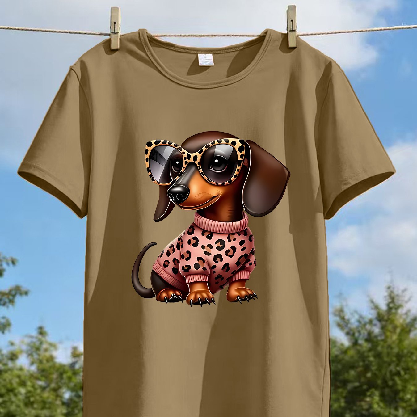 TEMU 1pc Women's Spring Short Sleeve - Glasses And Dachshund Print Pattern Short Sleeve, Fashionable Elegant Individual Fun, Comfortable Soft