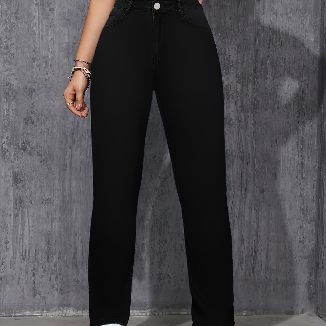 Women's Slim-fit Straight-leg Mid-rise Black Jeans - Stretch Denim Pants With Tummy Control, Wear, Casual Elegant Solid Color For & Social Outfits, Machine Washable