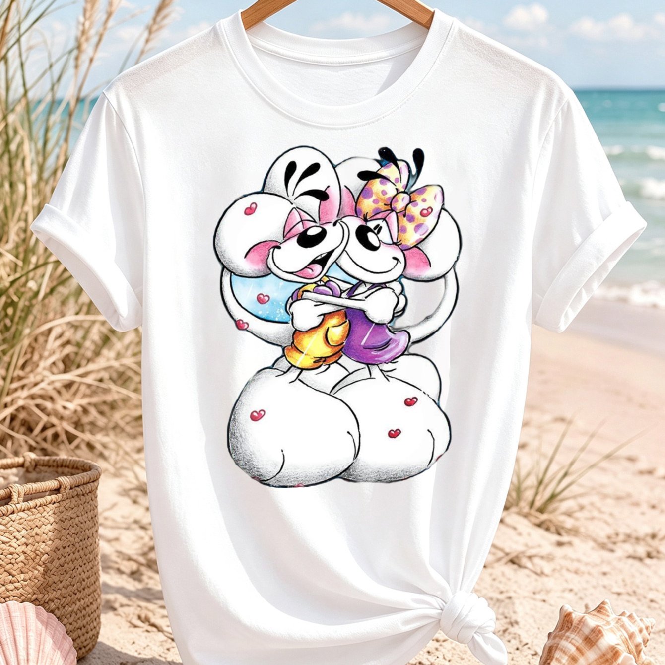 Cute Cartoon Mouse Couple Hugging With Colorful Bow Heart Accents And Soft Sketch Details Graphic T-shirt Sweet Friendship Theme Unisex All T-shirt