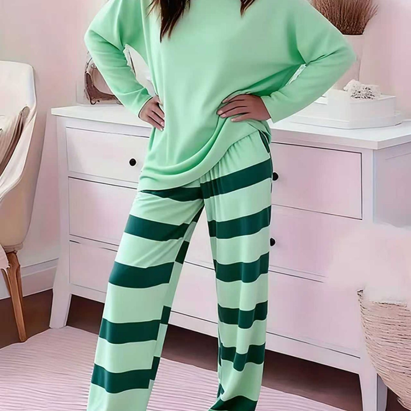 Green Striped Pajama Loungewear Set For Spring And Autumn