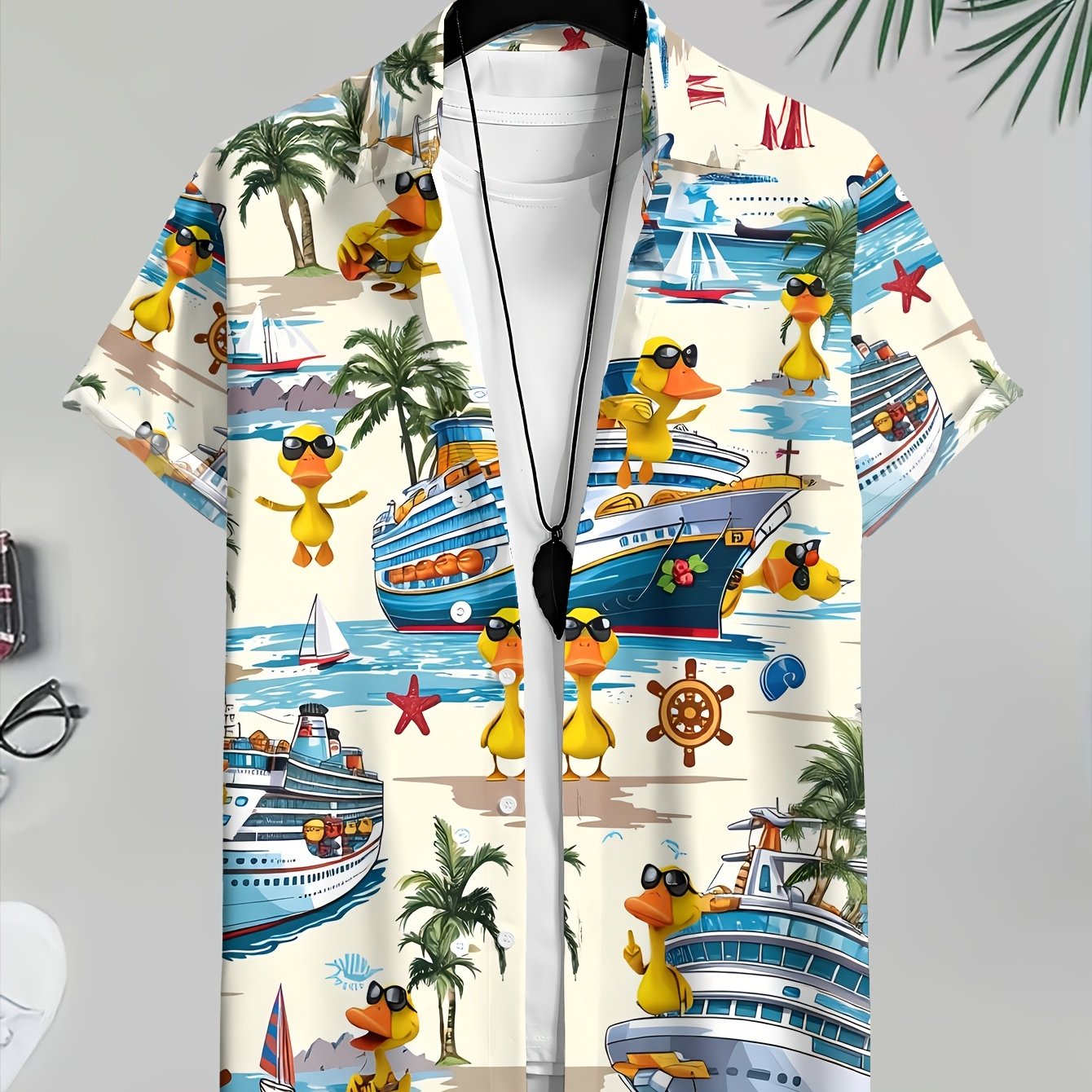TEMU [print Design - Not Textured] Plus Size Men's Casual Short Sleeve Shirt, Duck Cruise Pattern Elements Print Vacation Beach Shirt