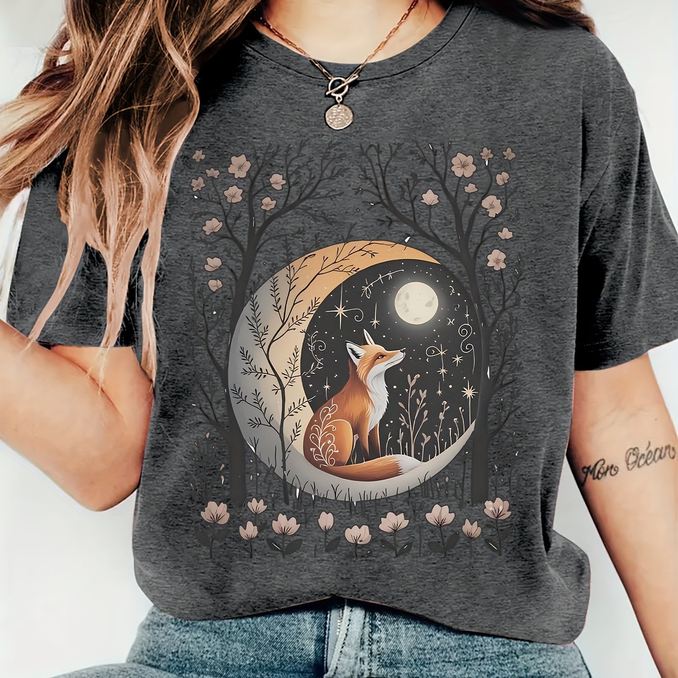 TEMU Sister Style Autumn Women's Wear, Dead Tree Flowers Appreciation Printed Round Neck Short Sleeve T-shirt, Comfortable Soft Fashion Elegant Retro
