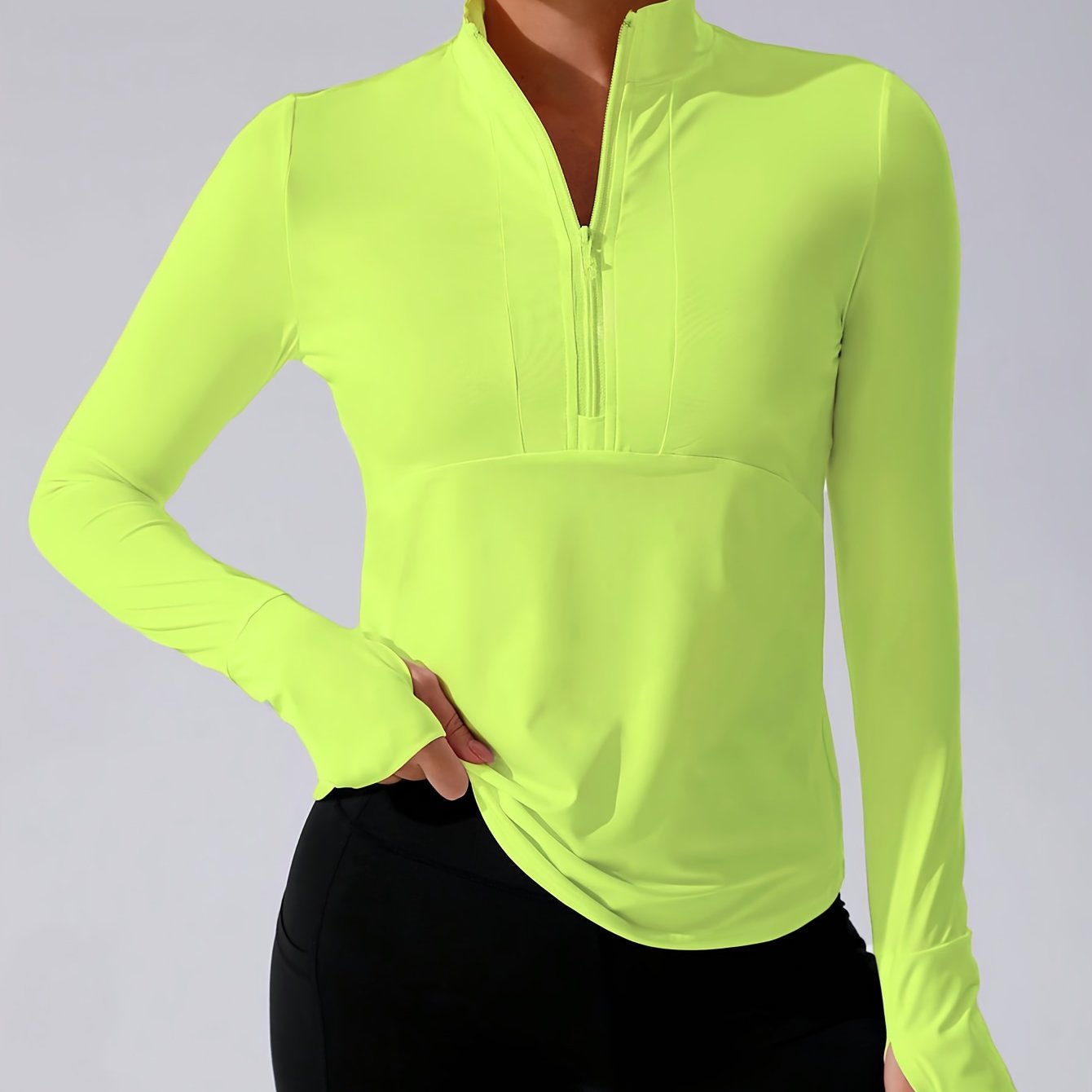 TEMU 1pc Women's Athletic Yoga Top With Half Zipper And Thumb Holes, Solid Wear, Open Front Sweater, Long Sleeve Running Training Outfit, Premium