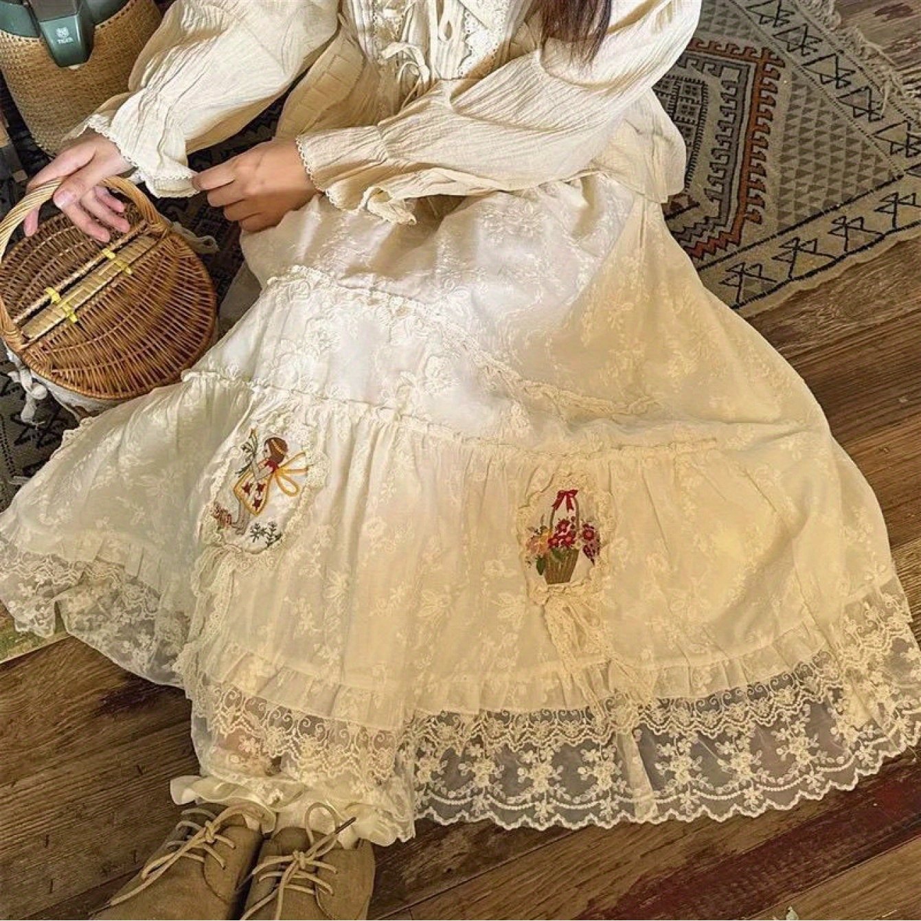TEMU 女性用の花柄刺繍レーススカート - 甘くて中長、伸縮性のあるウエスト、フリル付きの下地、春/夏に最適、カジュアルからルな衣装まで、カジュアルな衣装|花柄刺繍スカート|フリル付きの下地スカート