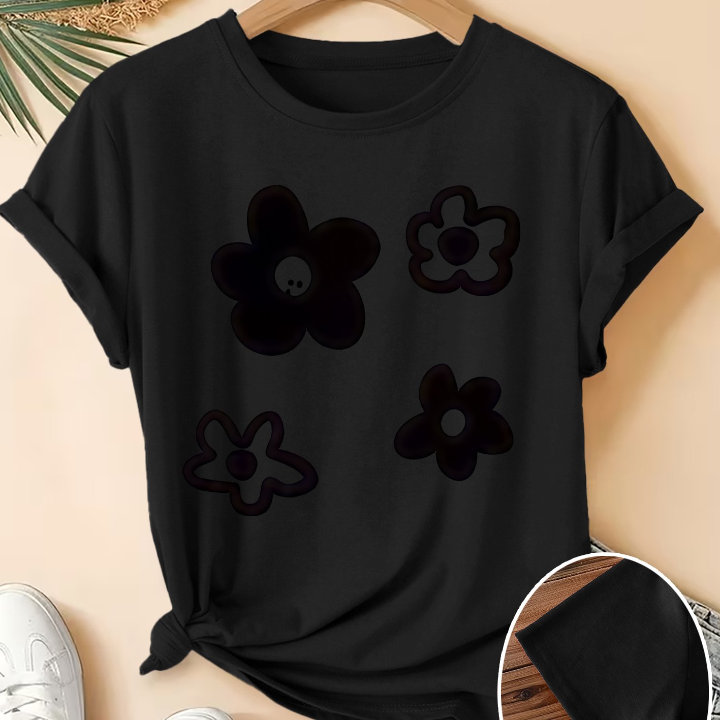 TEMU Women's Summer Clothing, Simple Cartoon Small Flower Print Round Neck Short Sleeve T-shirt, And , Fashionable Commuting, Vacation, Daily