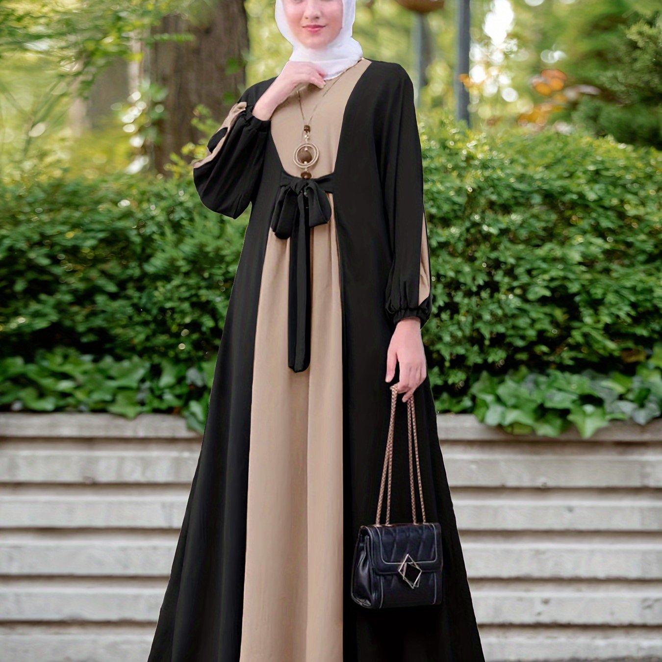 Middle Eastern Traditional National Conservative Dress, Long Sleeve Round Neck Color- Single-piece Waist-tied Ramadan Abaya