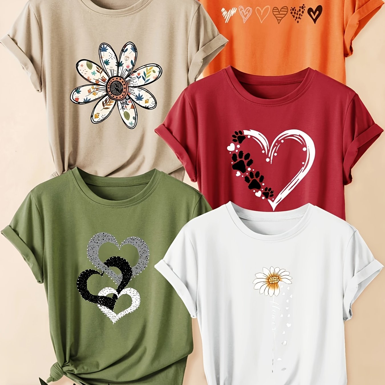 TEMU Five-piece Set Of Women's Floral Letter Short-sleeve T-shirts With Chrysanthemum Print, Round Neck, , Loose Summer Wear, Plus Size In Multiple