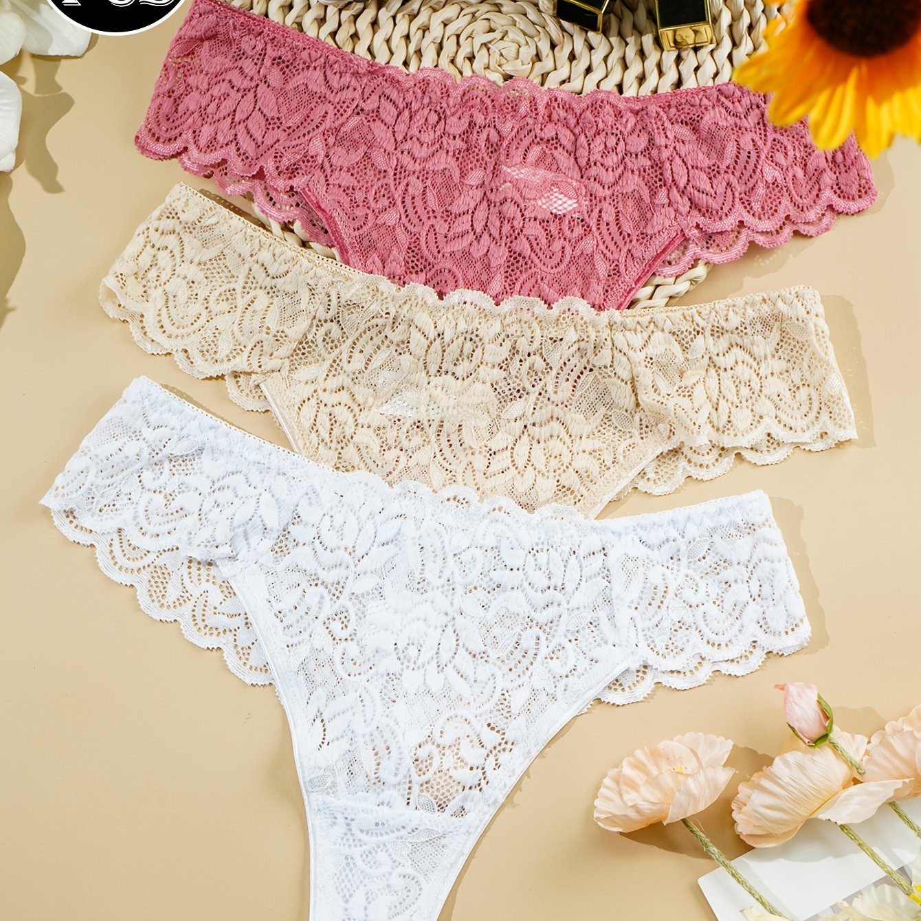 TEMU Lot de 3 strings à taille basse en dentelle florale - Sous-vêtements ficelle à couverture complète non transparente, panneau en dentelle douce