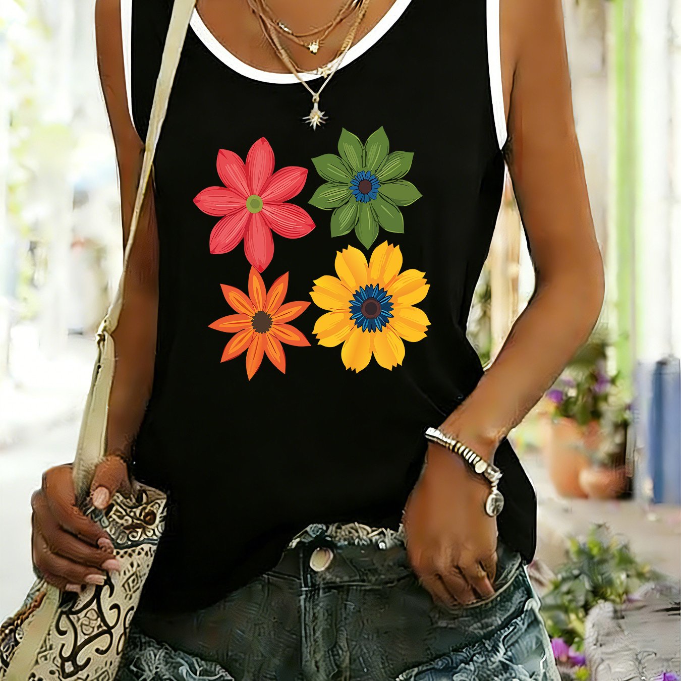 TEMU [070] Floral Block Sleeveless Vest, Loose And Versatile Floral Print Sleeveless Color Block T-shirt, Women's Clothing Cool And Fashion Top