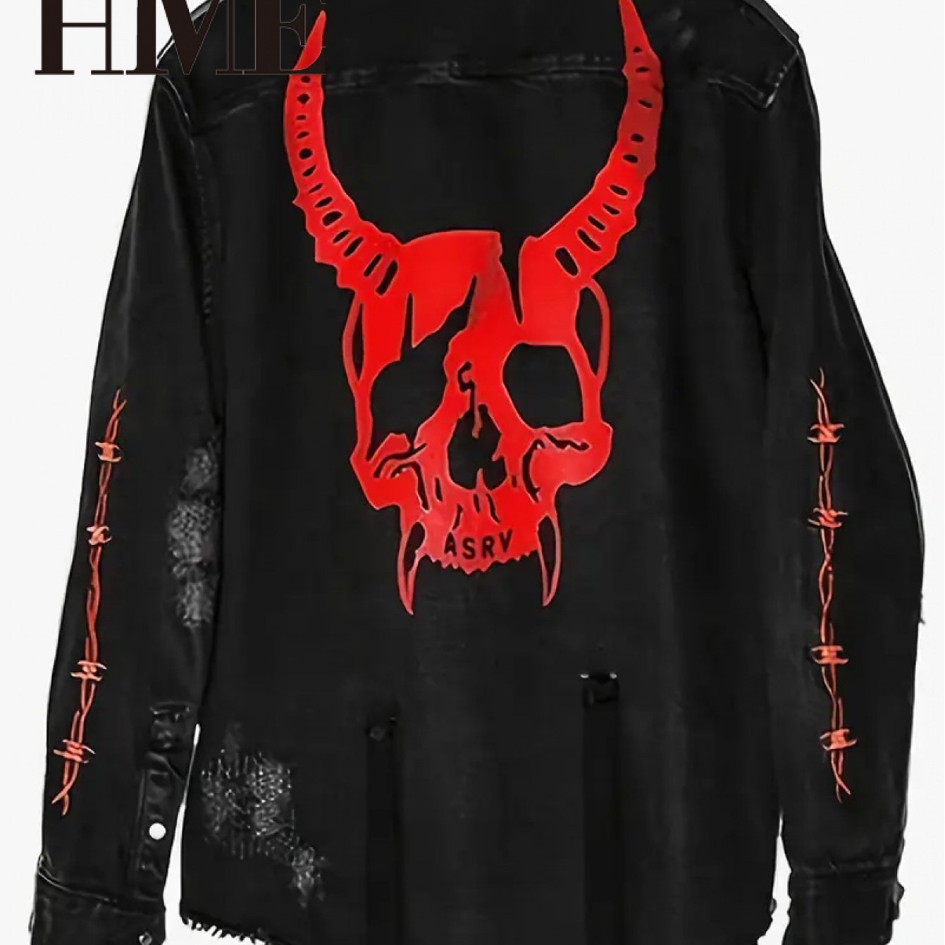 Image of [hme]men's Streetwear Denim Jacket Vintage Style With Unique Rock Prints, Relaxed Fit, Heavy Washed Distressed Finish, Back Details. Button-front Closure, Premium -street Staple