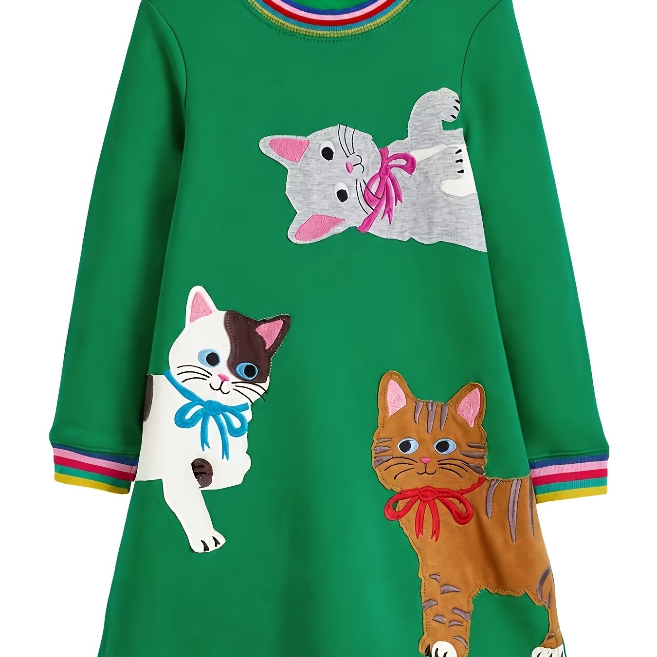 Image of Girls' Long Sleeve Applique Dress Thanksgiving Green Random Cartoon Cat Style