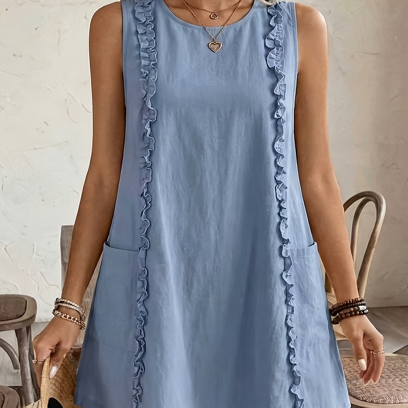 TEMU Summer Sleeveless Vest Dress, Solid Color Dress With Wooden Ruffle Trim, Women's Short Skirt, Ladies' Sleeveless A-line Short Skirt, Round Neck