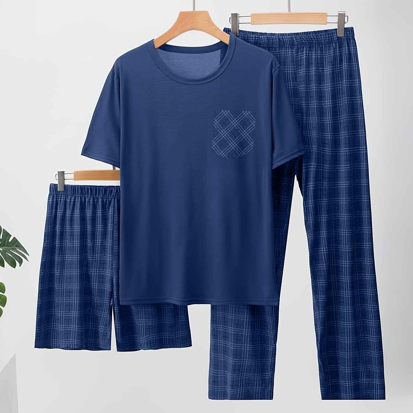TEMU メンズ 軽量パジャマ 半袖トップス＋ショーツ/パンツ選択可 春夏秋用 チェック柄パジャマセット