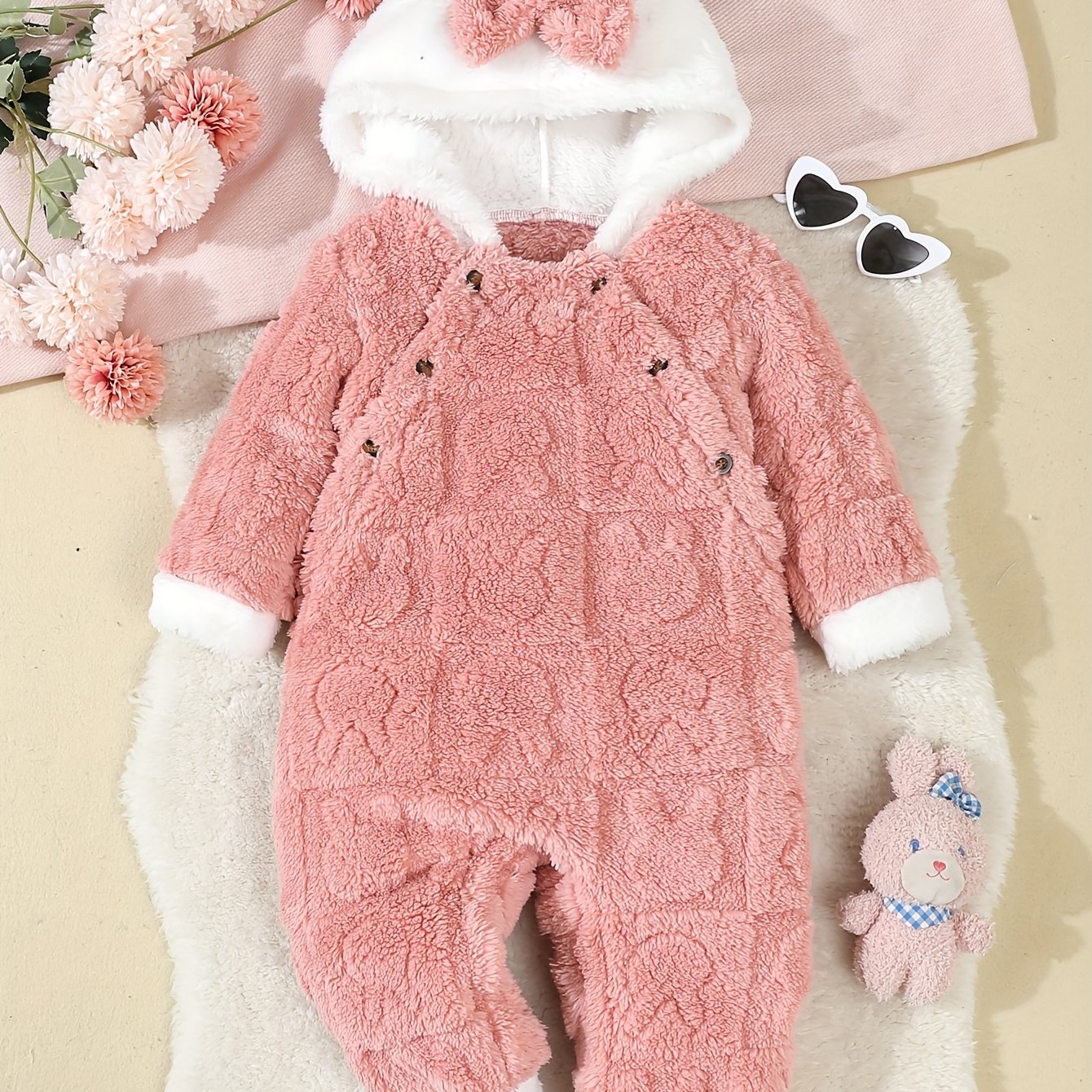 Image of Autumn/winter Jacquard Plush Hooded Romper For Girls, Baby Winter Warm Onesie