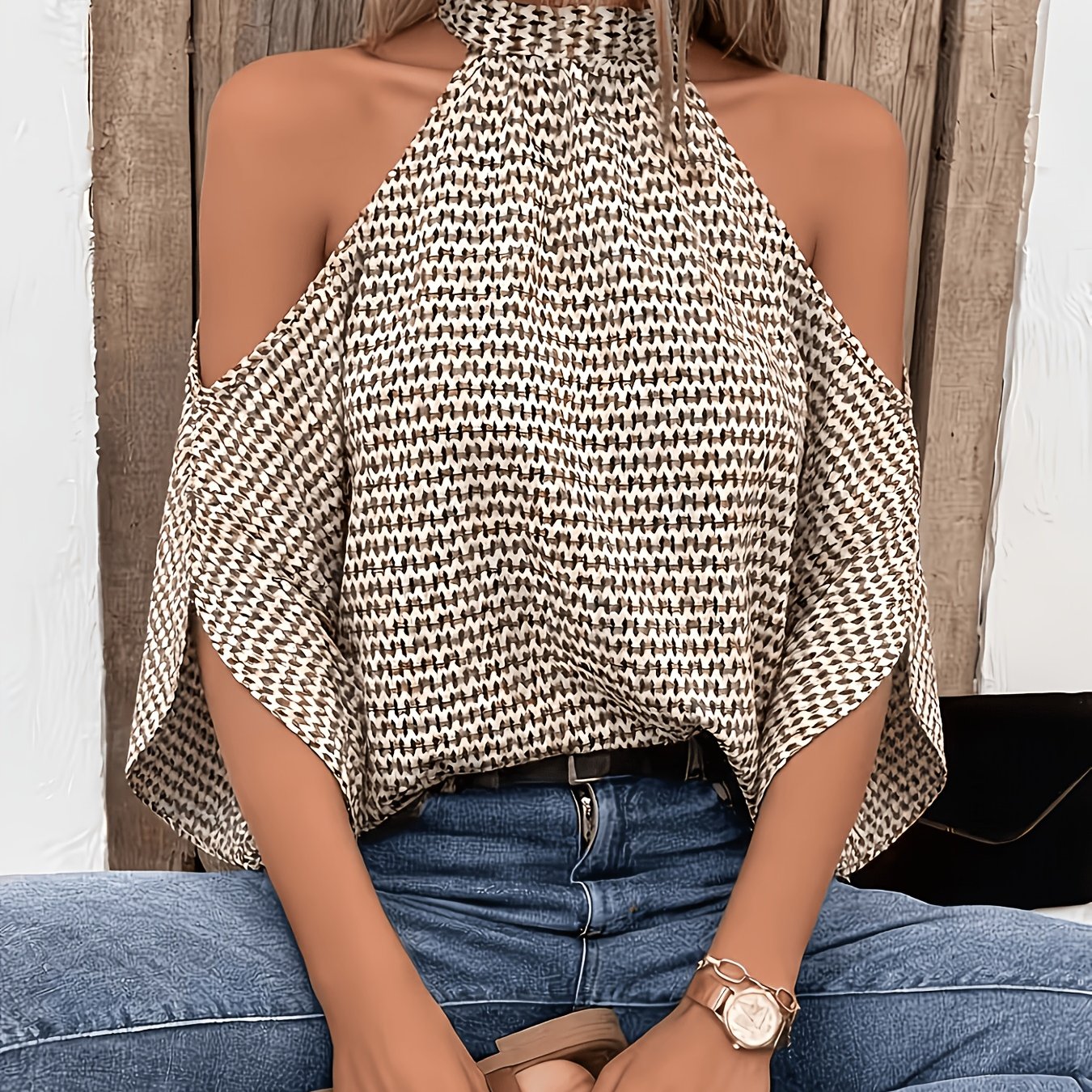 TEMU Women's Vintage Stand Collar Sexy Off-shoulder Necktie Top, Fashion Loose Batwing Sleeve Back Tie Flowing Three-quarter Sleeve Design