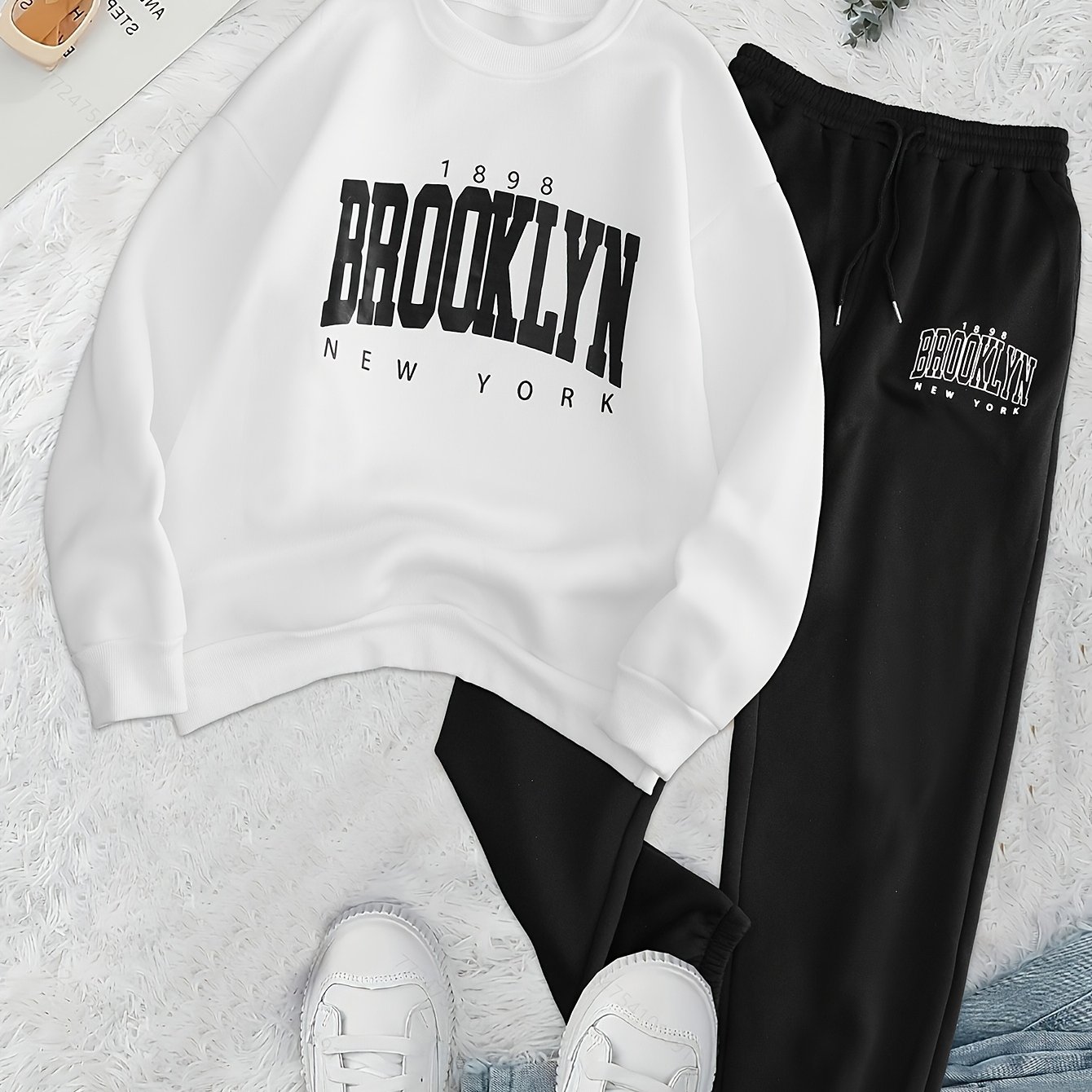 TEMU 2pcs Women's Color Block Arc Letter And Number Pattern Sweatshirt And Jogging Pants Set