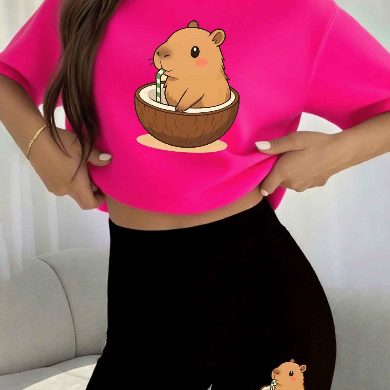 TEMU Women's T-shirt   Slim-fit Shorts Set, Popular Trendy Capybara Coconut , Round Neck Short Sleeve T-shirt And Stretchy Elastic Waist Shorts,