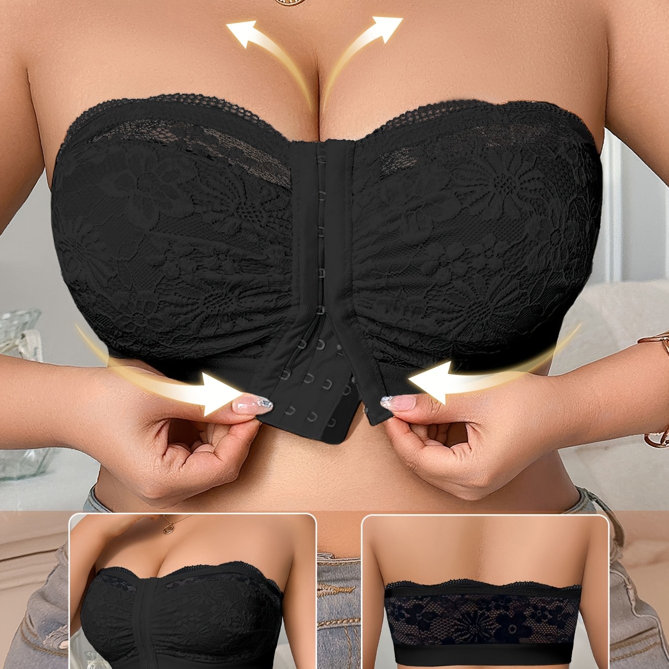 Lace-stitched Plus-size Women's Front-clasp Bralette, Wire-free Tube Top With And Beautiful , Thin Style For S