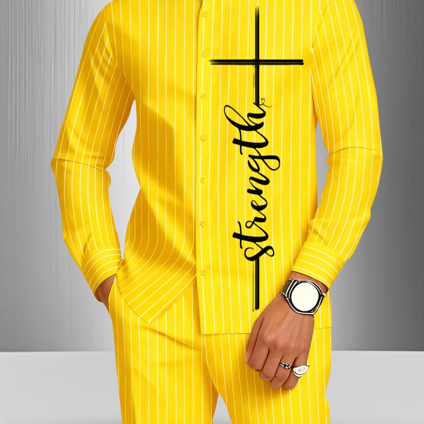 Image of Two-piece Men's Suit, Fashionable Sports Collar Striped Two-piece Suit, Made Of High-quality Fabrics With Fashionable Vertical Stripes, , Suitable For Daily Wear, Business Occasions