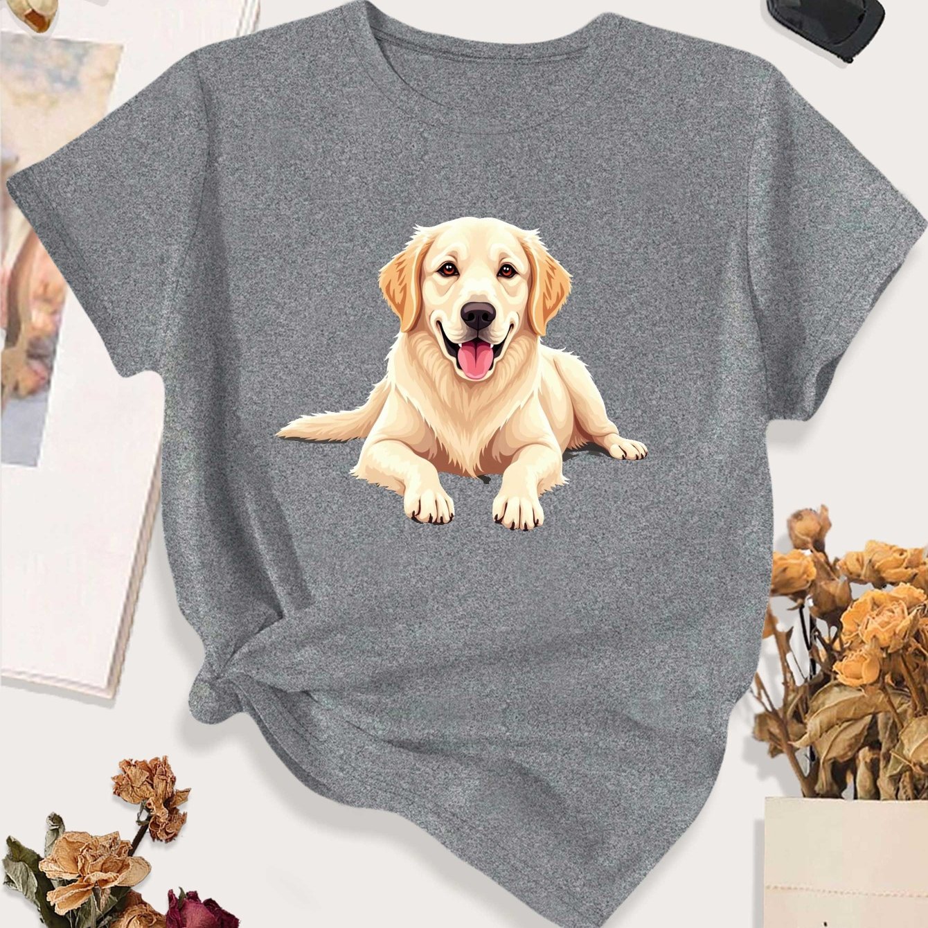 TEMU Large Women's Casual Sports T-shirt Featuring A Golden Retriever Dog Lying