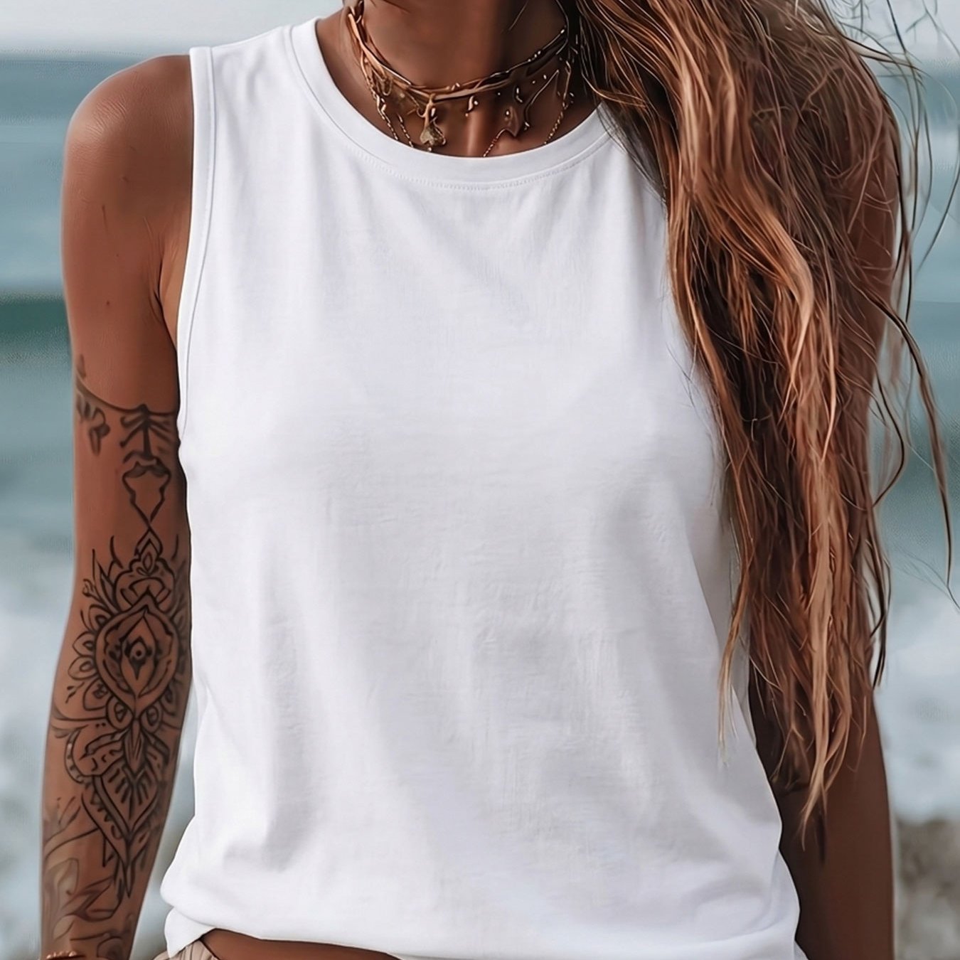 TEMU [solid Color Ve] Spring Summer Casual Vacation Elegant Women' Color Top Fashion Daily Versatile Retro Round Neck Sleeveless Vest
