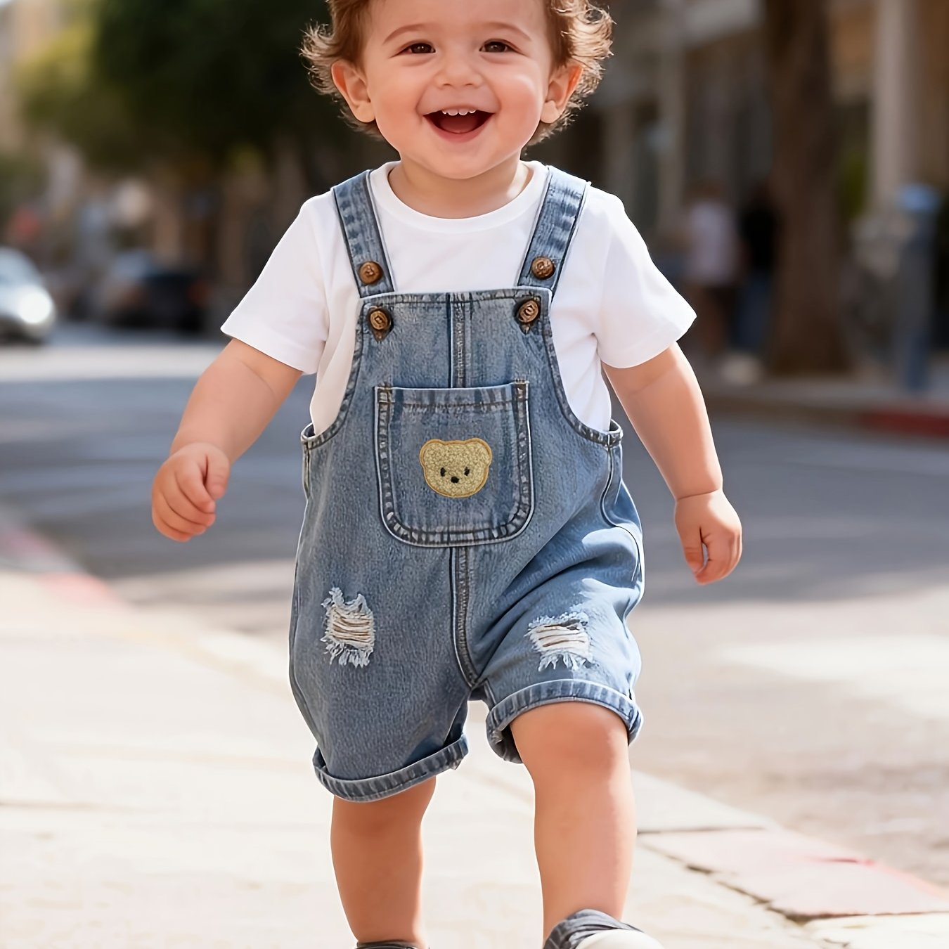 Image of Baby Boy Summer Round Neck T-shirt Top And Cartoon Bear Pattern Distressed Design Front Pocket Denim Overalls 2pcs Set, For Outdoor