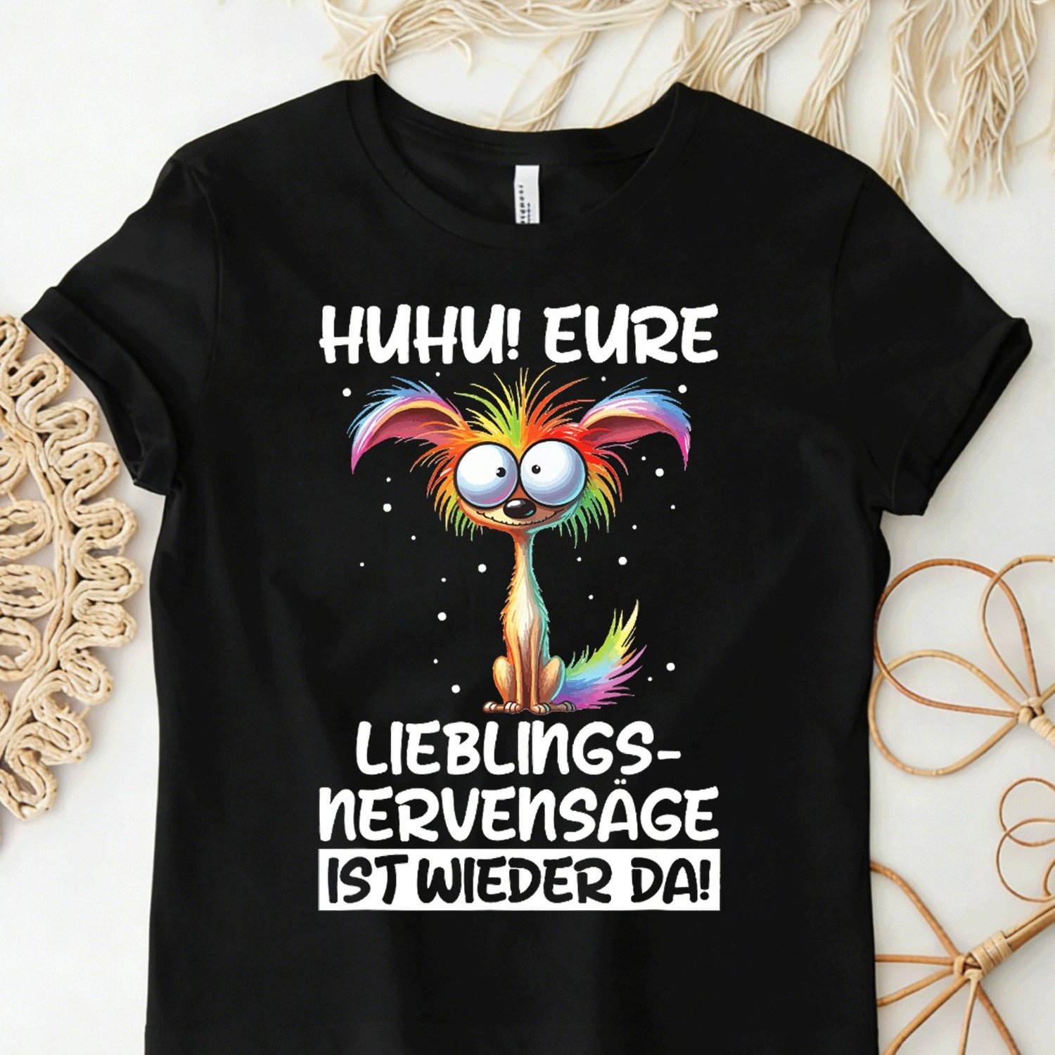 Image of Huhu Eure Lieblings Nervensaege Ist Wieder Da Hund Arbeit T-shirt Black For Men Women Unisex Funny T-shirt, Plus Size