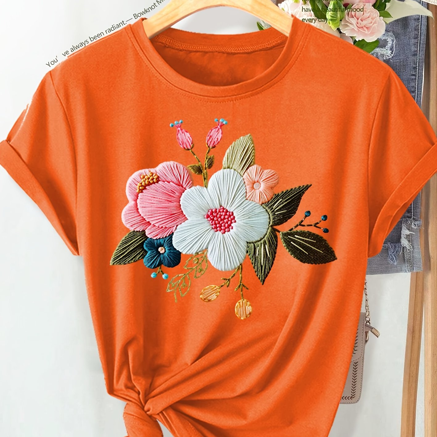 TEMU New Summer : European And Fashionable Women's Elegant Vintage T-shirt With Colorful Floral Print, Daily Casual Vintage Style. Spring/summer