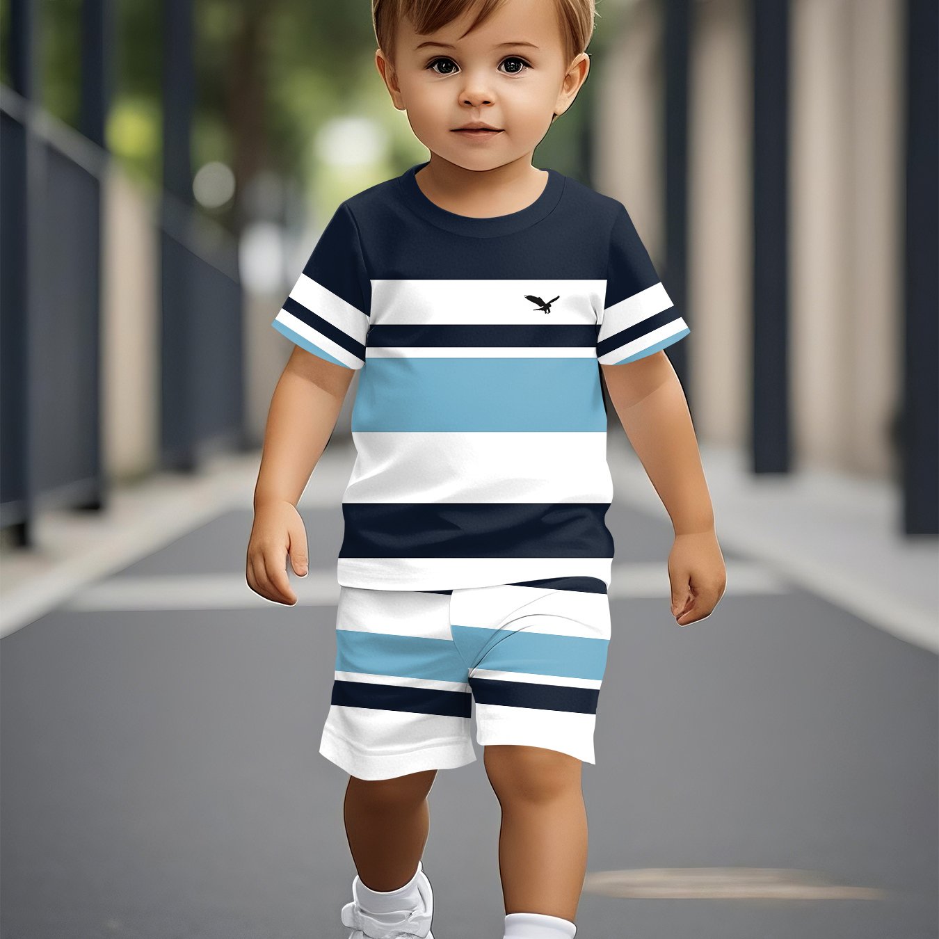 Image of Summer Short-sleeved Set For Boys, Featuring Trendy And Fashionable Three-color Striped Pattern Print, A Trendy And Comfortable Short-sleeved Set, For Outdoor, Newborn/toddler Necessities