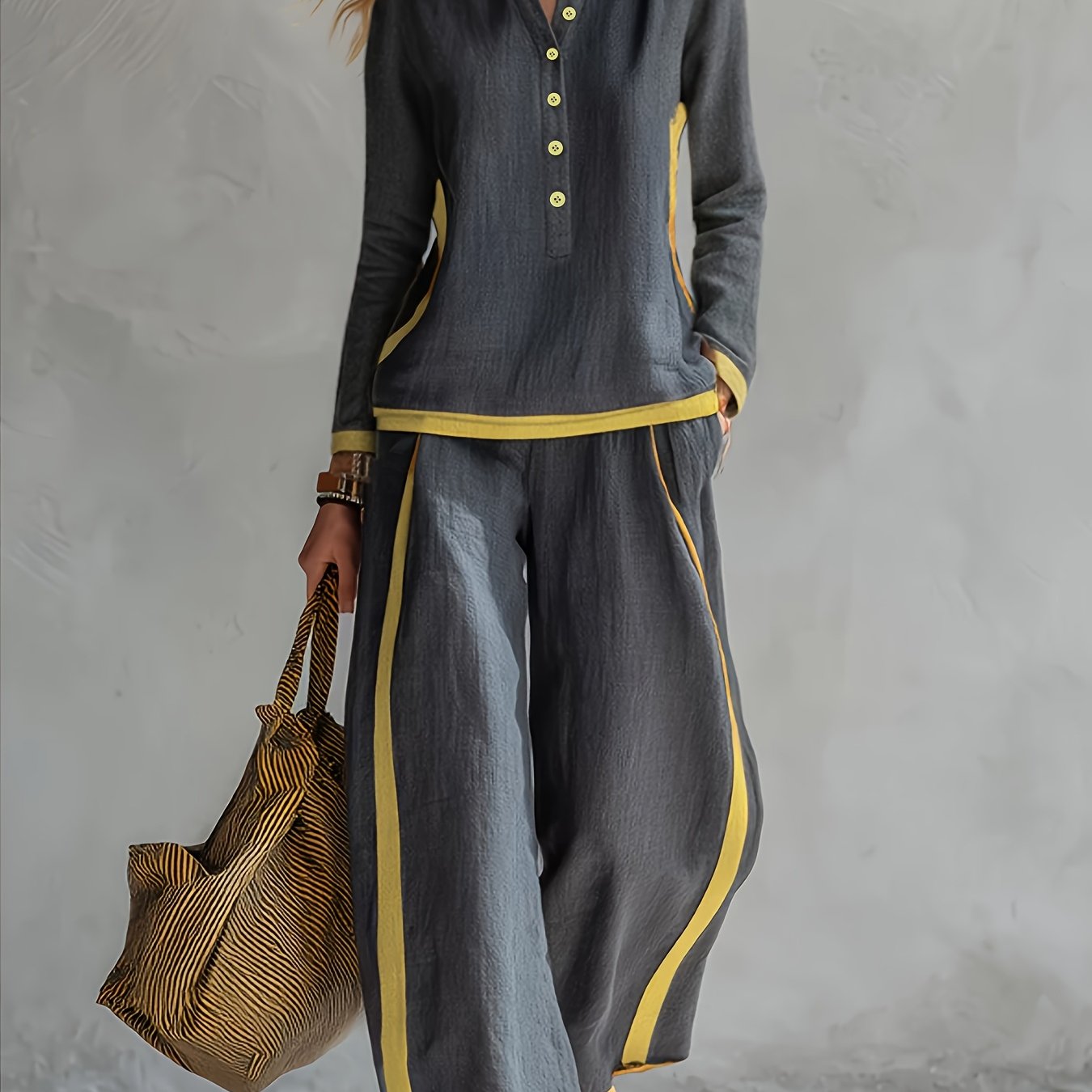 TEMU Ensemble décontracté élégant 2 pièces : haut à manches longues + pantalon pour femme, bordure contrastée, tenue de style minimaliste décontracté