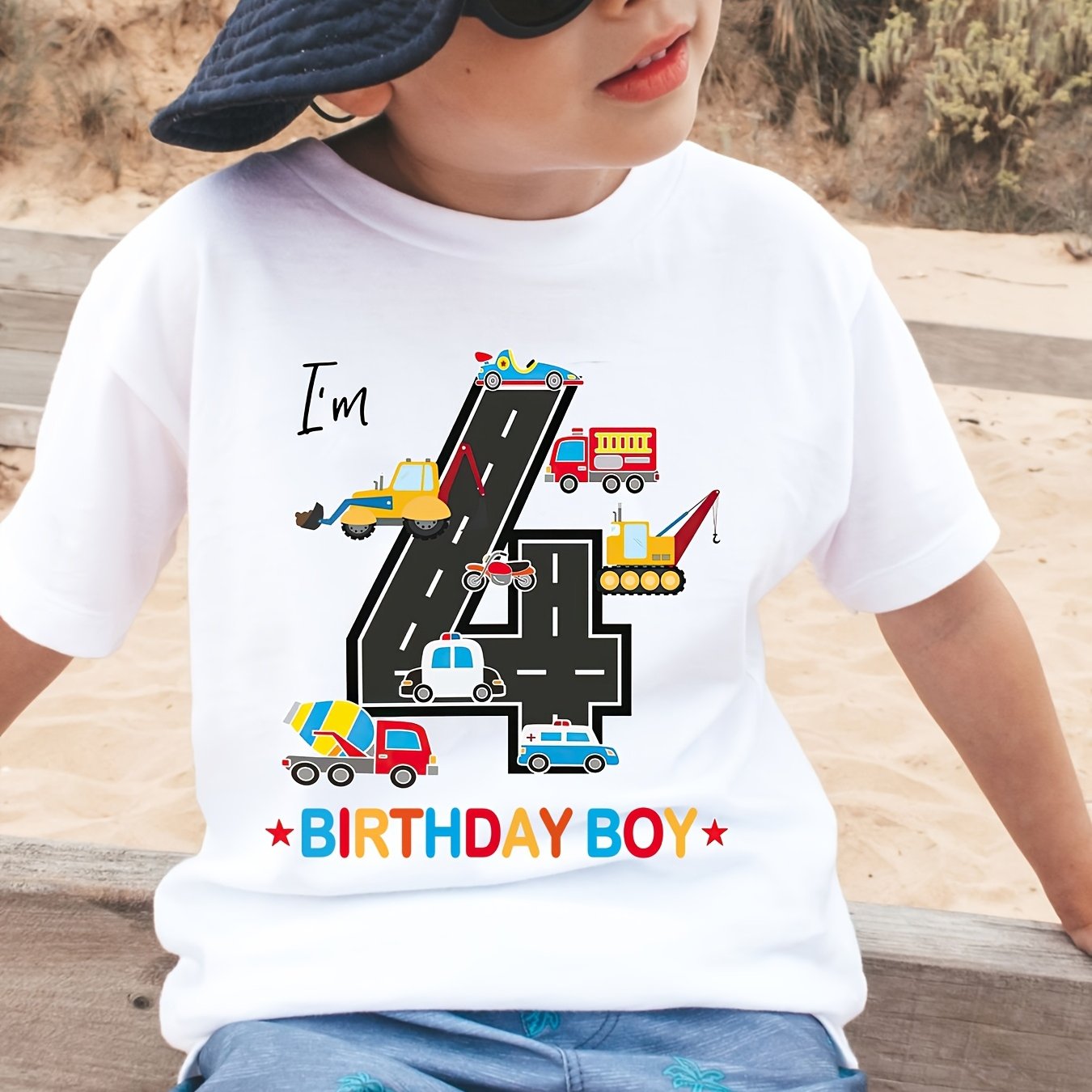 Image of Boys' 4th Birthday T-shirt - Excavator, Construction Vehicle & Vehicles Print, Comfortable Short Sleeve Round Neck Tee, Summer Casual Wear, Vibrant Colors, Medium Stretch Fabric, Perfect For Outdoor