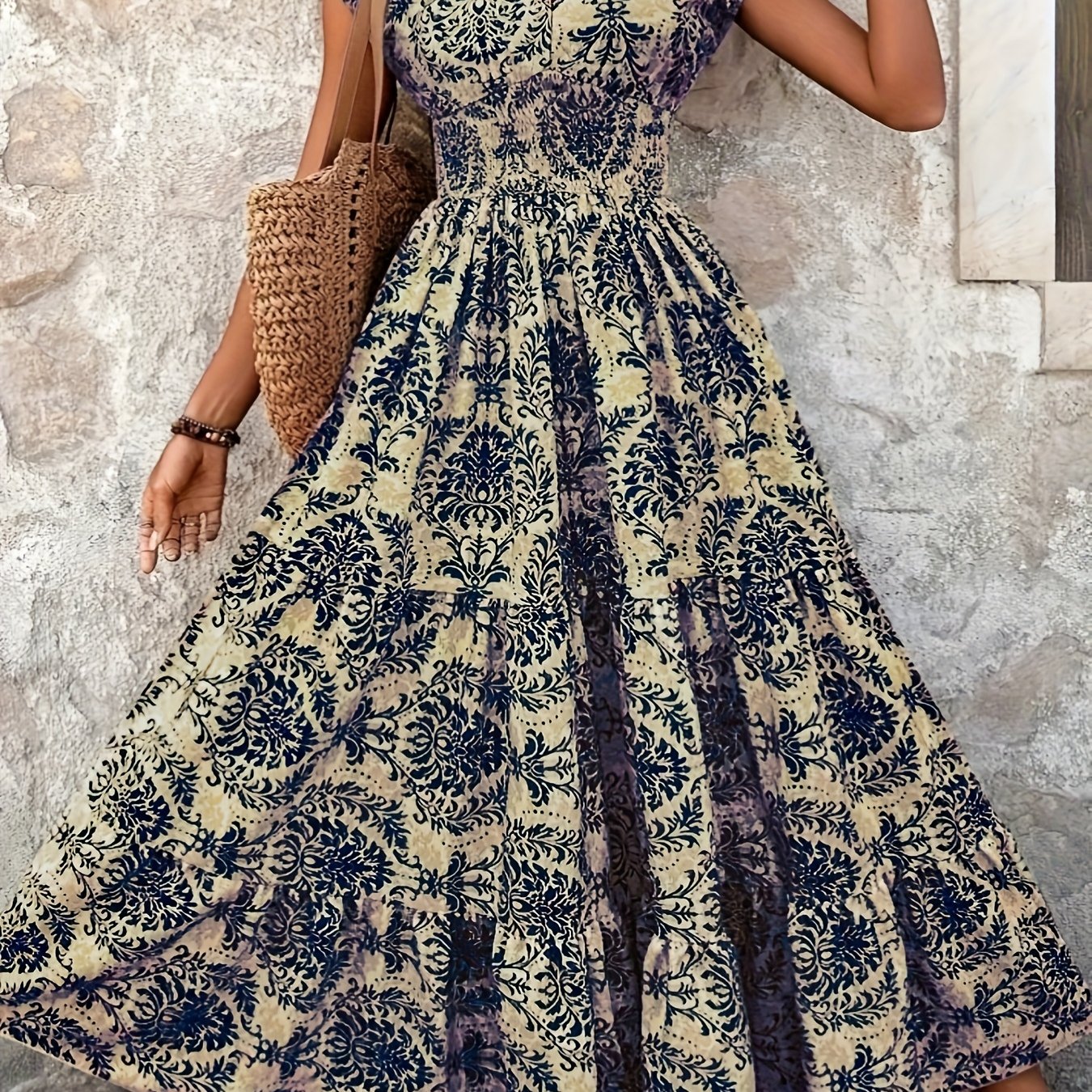 TEMU Plus Size, European And Size Women's V-neck Waist-cinching Short Sleeve Printed Long Dress, Vintage Bohemian Style, Loose Fit Flattering And,