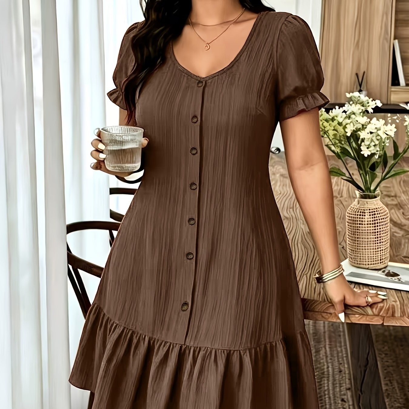 TEMU Women's Fashion French Gentle Textured Slim Dress Nightgown, Front Button Pleated Hem Casual Versatile Beautiful Dress