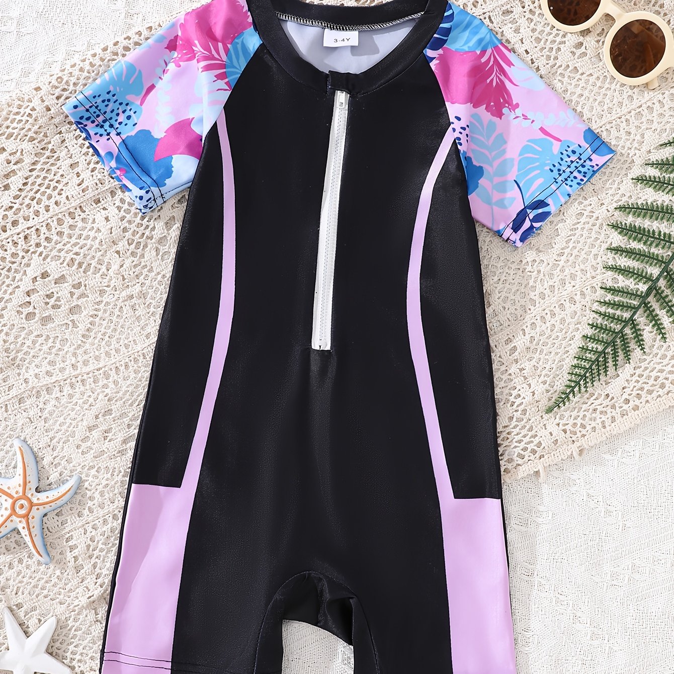 Spring/summer Girls' Casual Fashion Short-sleeve One-piece Swimsuit, Slim Fit, With Front Zipper For And Removal
