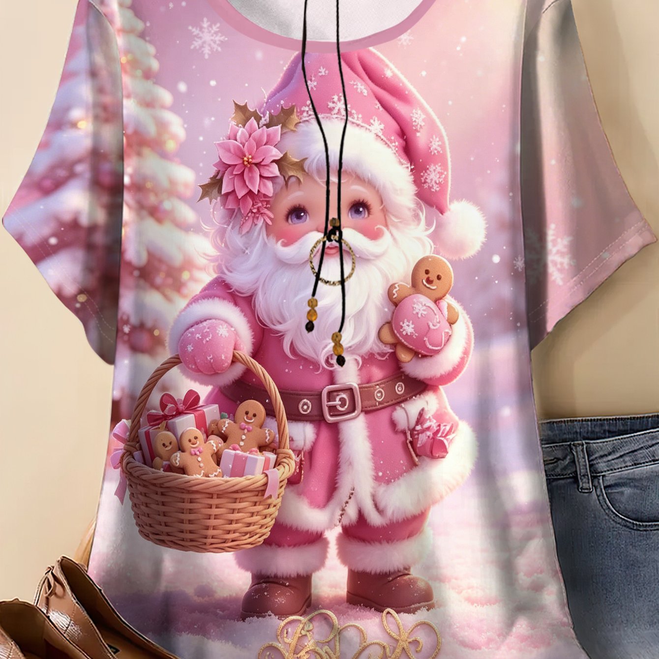 TEMU Plus Size - Summer Comfortable Women's Plus Size Sweet Christmas Top, Winter Snow Scene Pink Santa Full Print Plus Size Loose Pullover Shirt