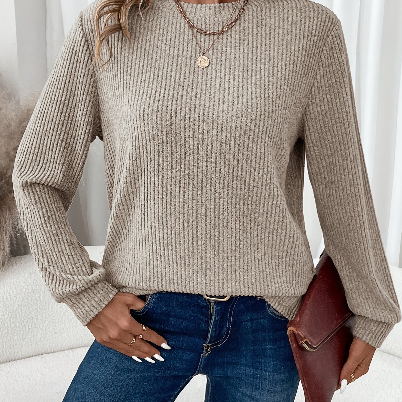 Women's Autumn Winter Solid Color Ribbed Brushed Warm Comfortable Round Neck Long Sleeve Casual T-shirt