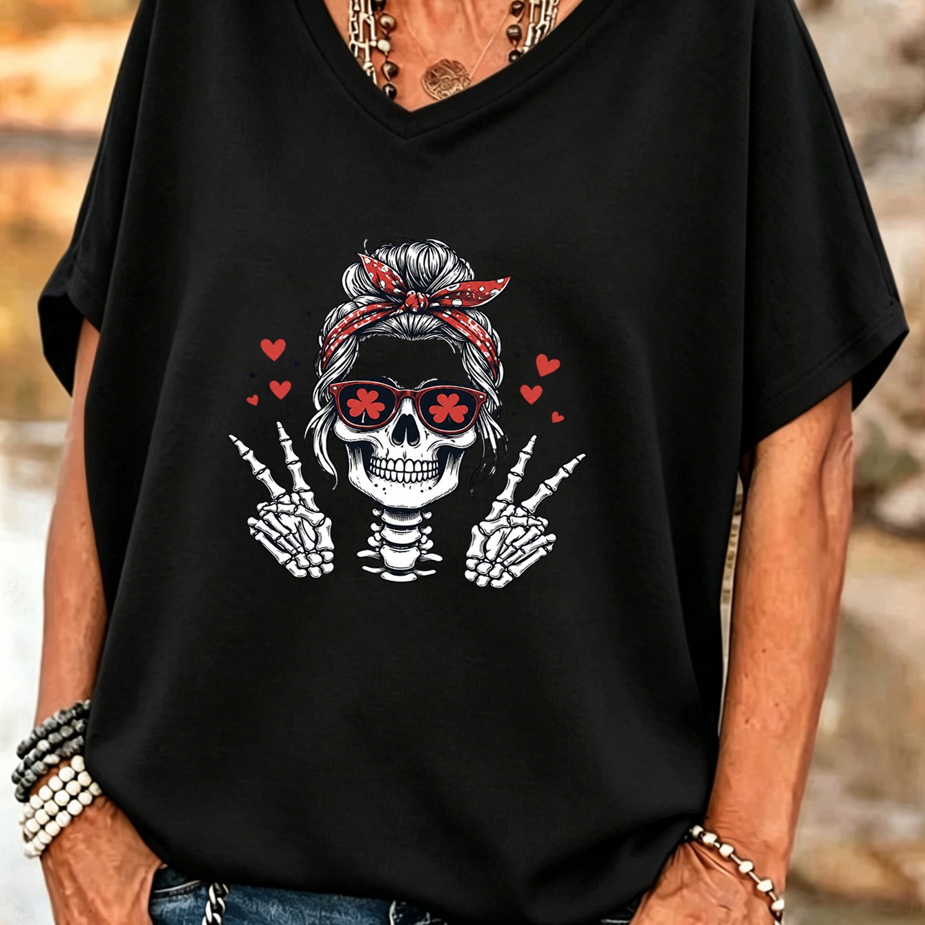 TEMU Plus Size - Halloween Plus Size Women's Batwing Sleeve V-neck Top, Sizes 1xl-8xl, Skull And Peace Sign Heart Sweet Cool Individual Printed