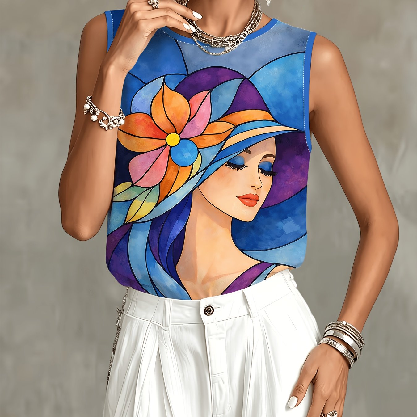 TEMU Printed Sleeveless Top, Women's Fashion Artistic Pattern Vest, Loose Casual Versatile Style, Summer Trendy Women's Clothing