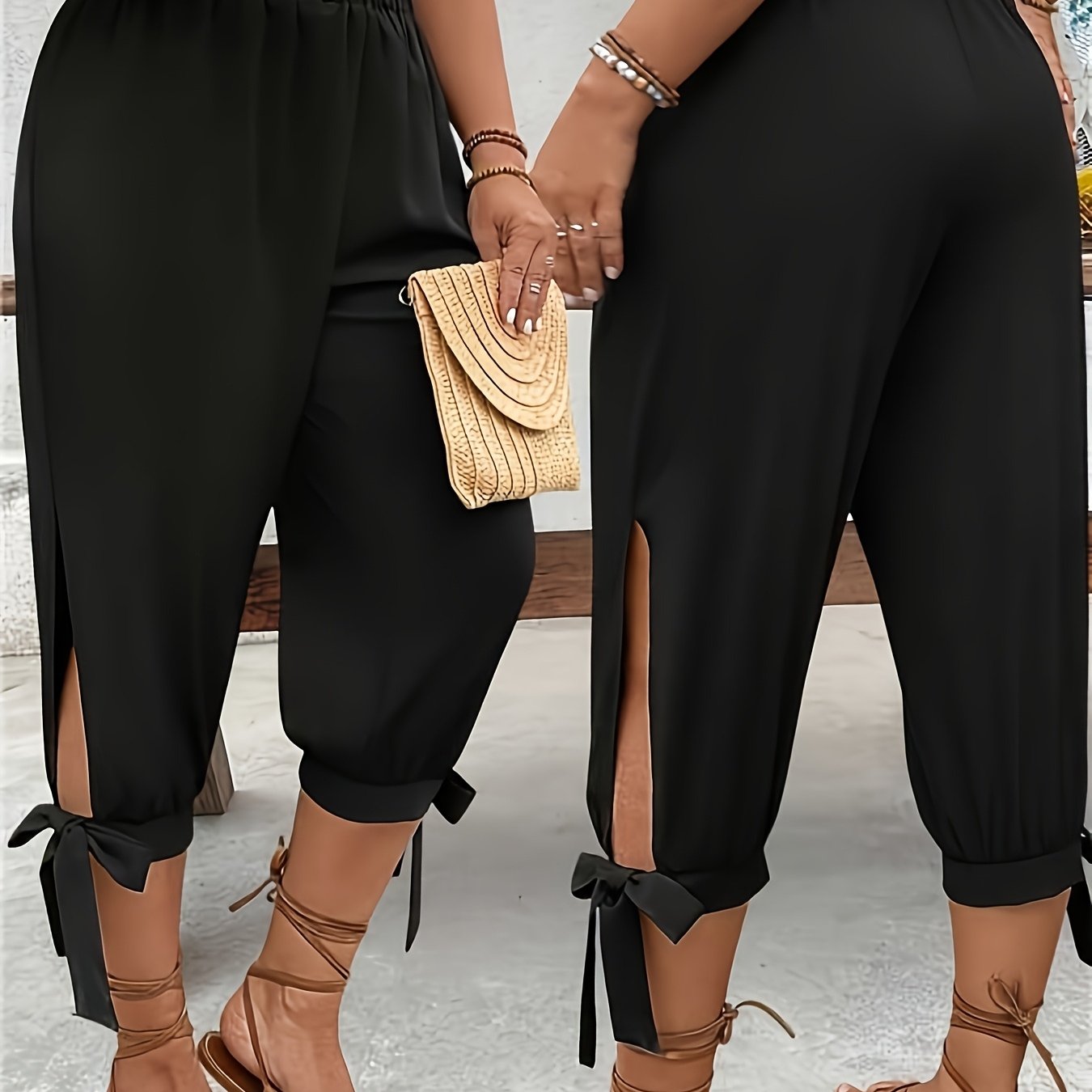 TEMU Plus Size, Women's Plus Size Black Beach Capri Pants - Elastic High Waist Wide- Harem Trousers With Tie Cuff, Lightweight Breathable Loose Fit